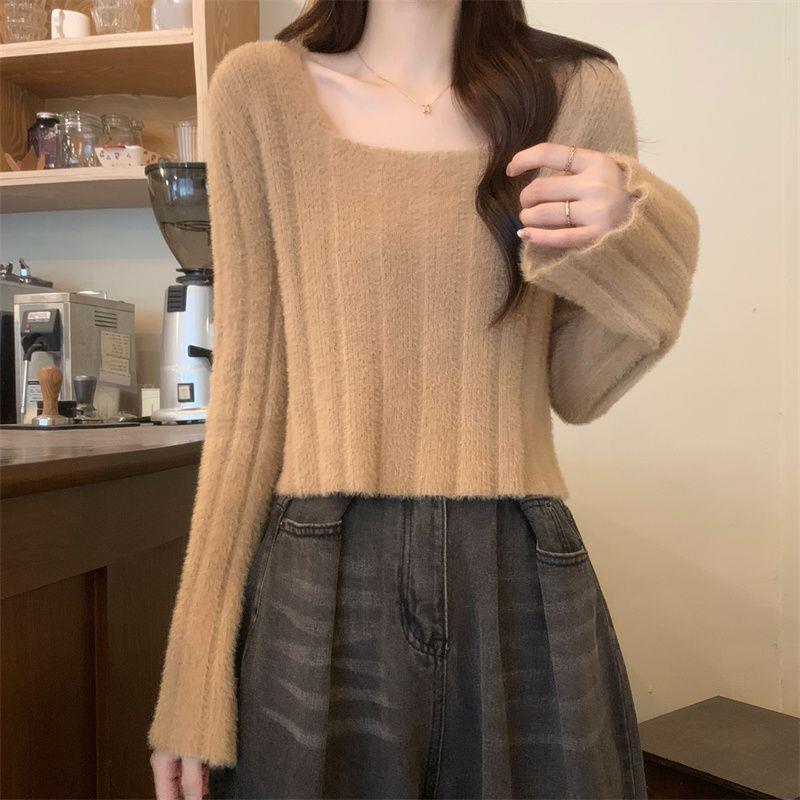 

Короткие свитера для женщин на осень и зиму, парные высококачественные нижние части, маленькие и шикарные верхние части, однотонный вязаный пуловер one size хаки