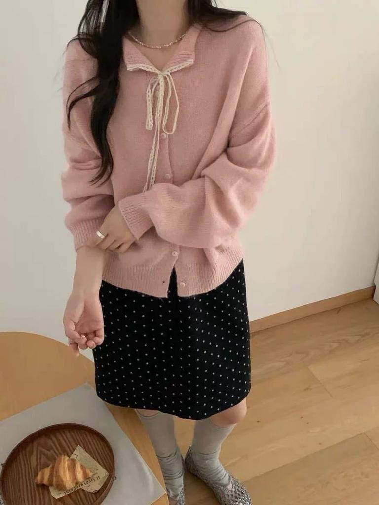 Korean lace-up lace lapel sweater jacket women's 2025 autumn and winter new solid color versatile soft waxy knitted cardigan