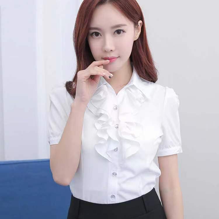 Herbst und Winter Damenmode Stehkragen Knopf Rüschen Raffbluse Einfarbig Pendler Langarm Slim Shirt