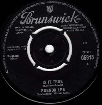 7inch Record BRENDA LEE - Is It True 05915 Brunswick 1964 UK Rock Used