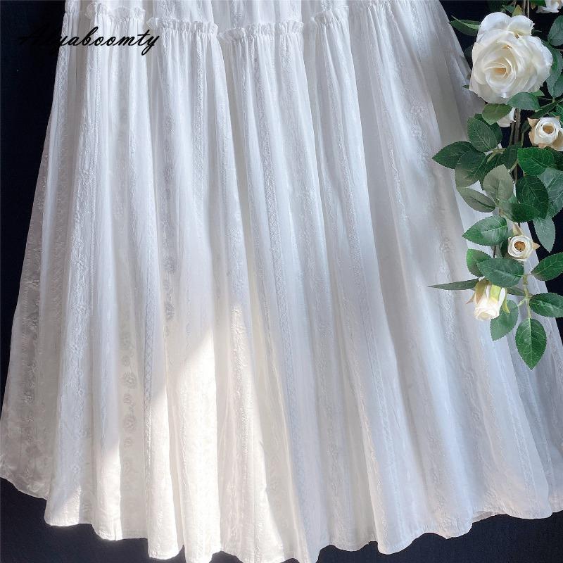 Japanese Mori Girl Spring Summer Women Midi Skirt Elastic Waist Jacquard Cotton White Skirt Sweet Basic Soft Ladies' A-Line Skirt