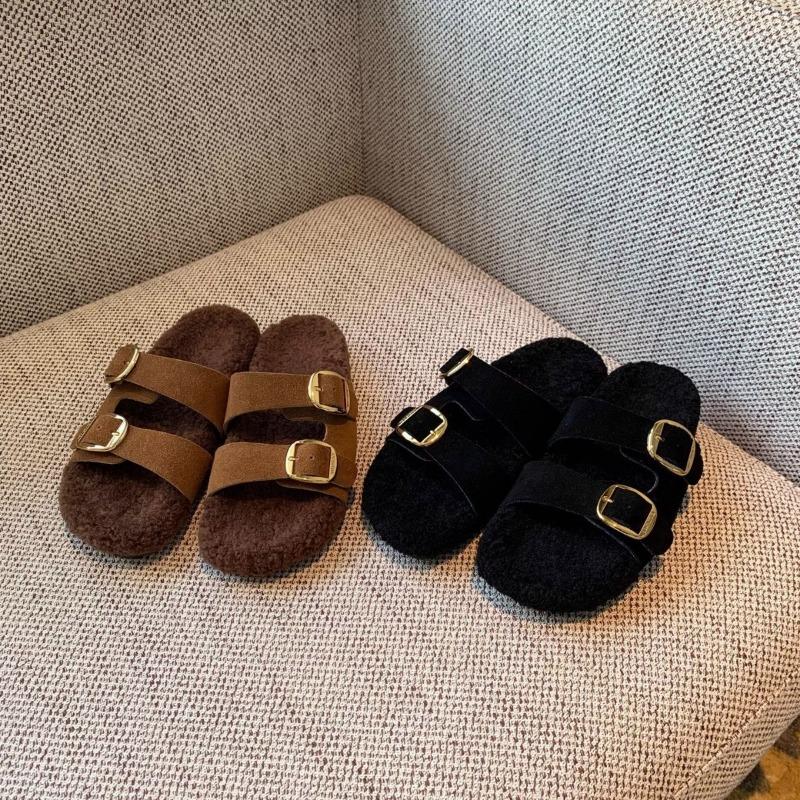 Retro belt buckle fluffy slippers women wear new thick bottom height increase one pedal lazy drag