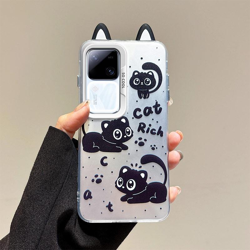 KEYSION Cute Ear Cartoon Case for VIVO V30 Pro 5G V30 with Lanyard Soft Silicone+PC Shockproof Phone Back Cover for VIVO V30 Pro