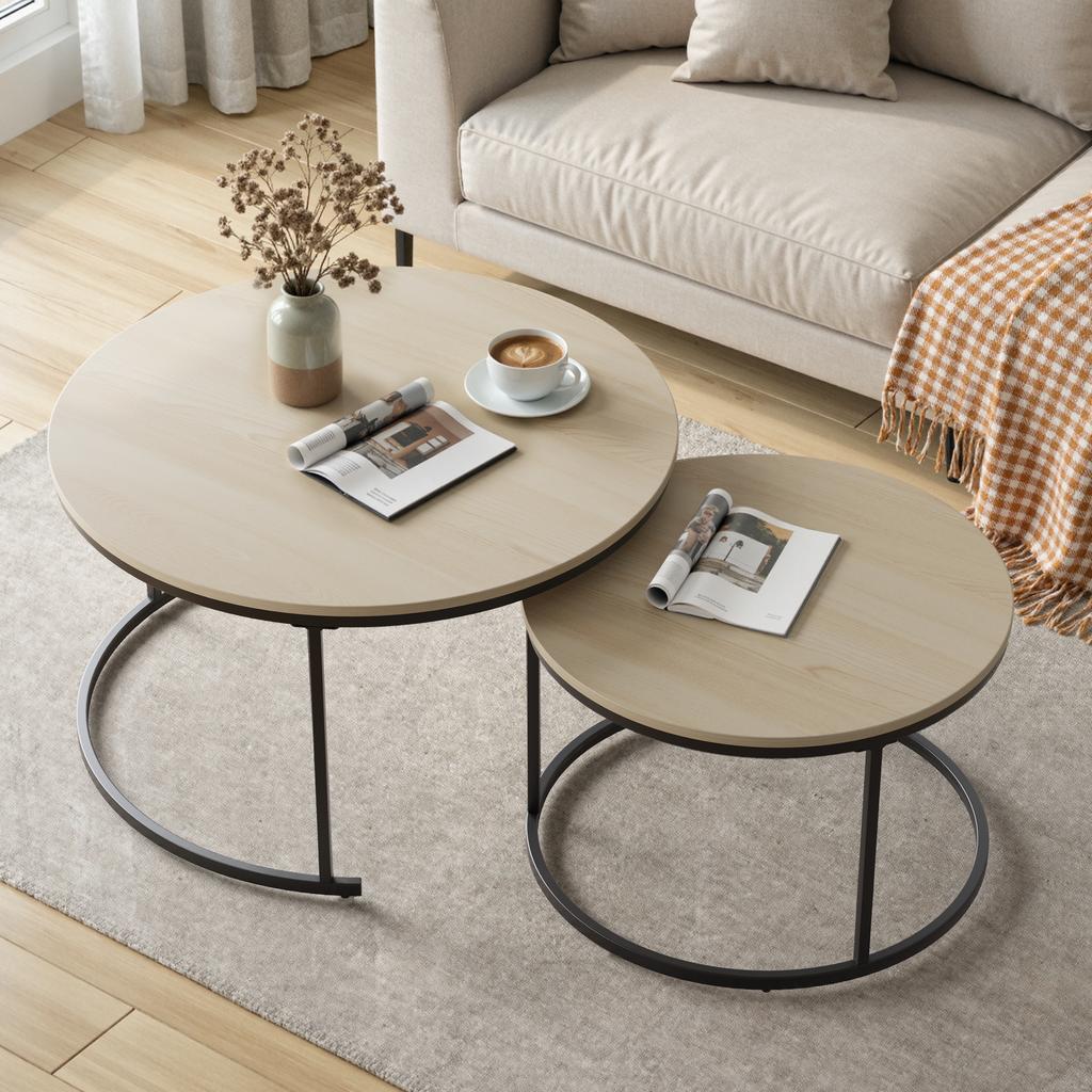 Two-Piece Nesting Coffee Table Set, Oak Veneer, Round with a Diameter of 80 cm, Metal Frame, Modern Style, Suitable for Living Room, Bedroom, Balcony.