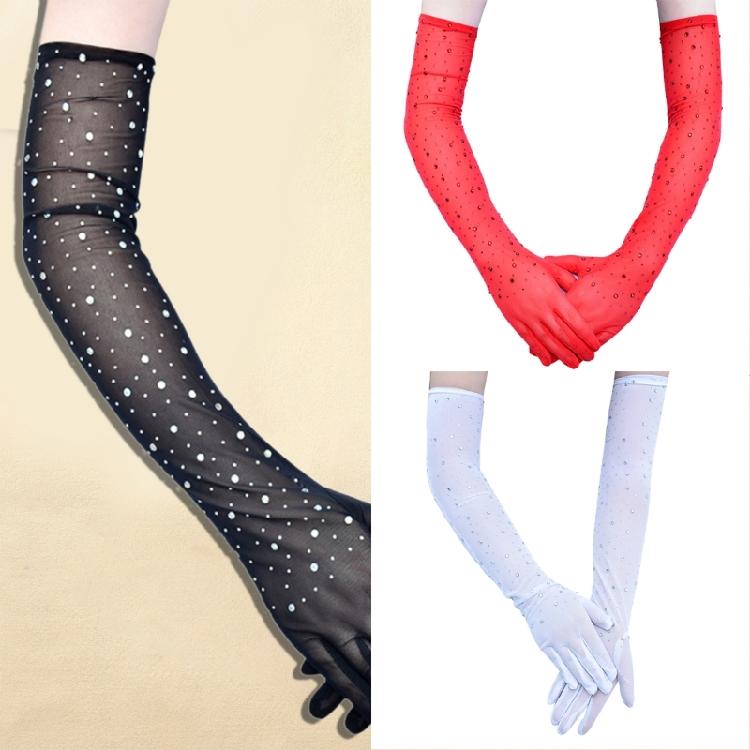 Long Mesh Gloves with Sparkling Rhinestones Drilling for Women Elegant Cocktail Party and Night Event Dressingup