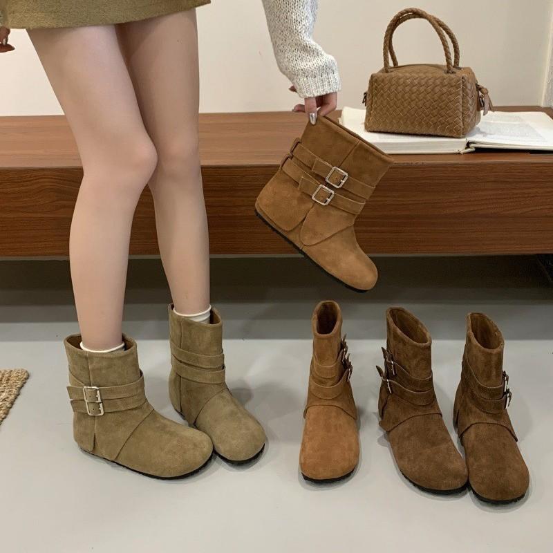 2025 Autumn and Winter New Retro Inner Height-increasing Short Boots Women's Round Head Soft-soled Stacking Boots Short Western Cowboy Boots