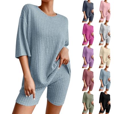 Women's Fashion Casual Solid Color Threaded Round Neck Loose Short Sleeve Shorts Suit