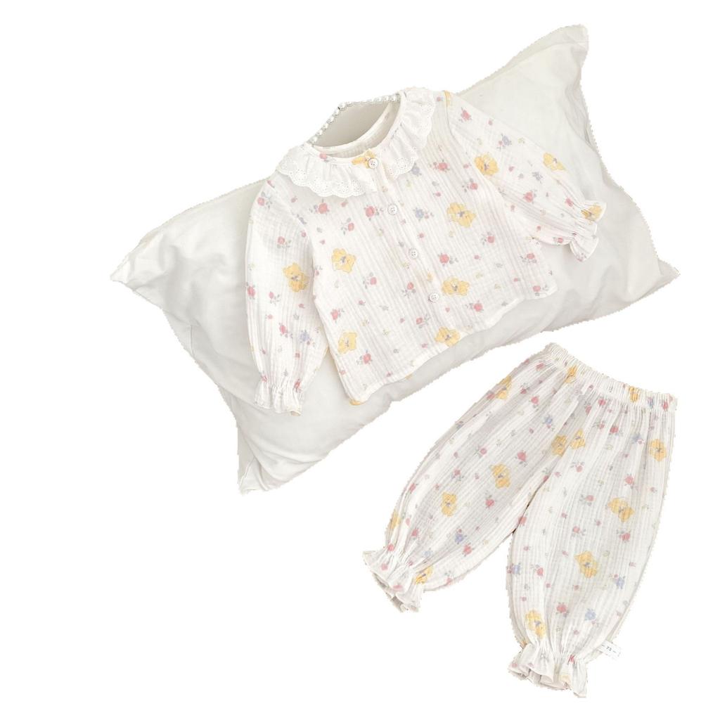 Baby Girls Spring Autumn Cotton Double Gauze Pajama Set with Lace Trim Cardigan and Long Pants