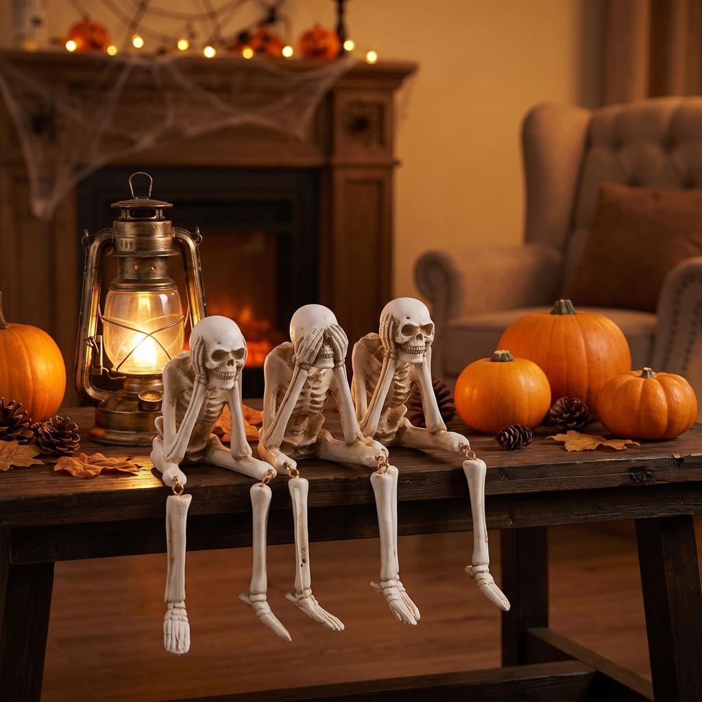 Halloween Resin Figurine -, Hear No, Speak No Skeleton Decoration for Party Home Decor