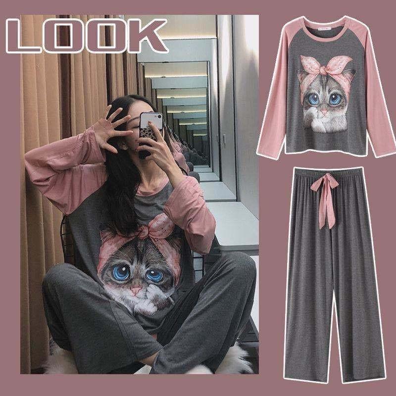 Spring and Autumn Pajamas Women's Long-sleeved Homewear Suit Can Be Worn Outside Loose Large Size Two-piece Set