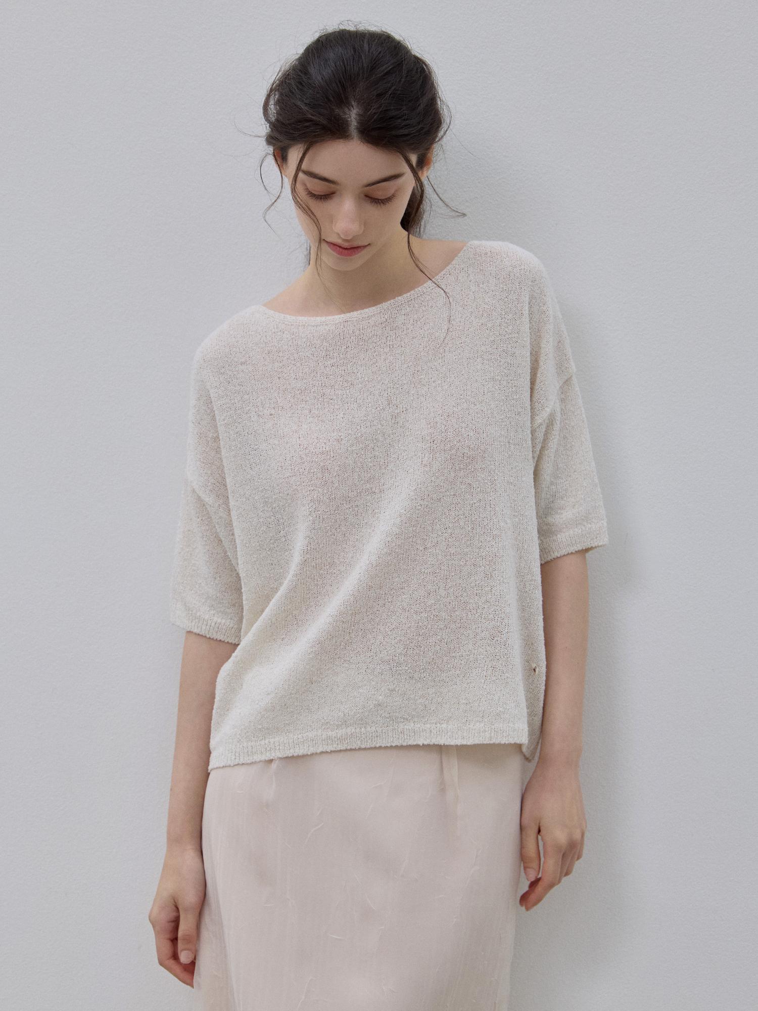 Le Studio Cooling Boat Neck Short Sleeve Knit Oatmeal Oatmeal/Free