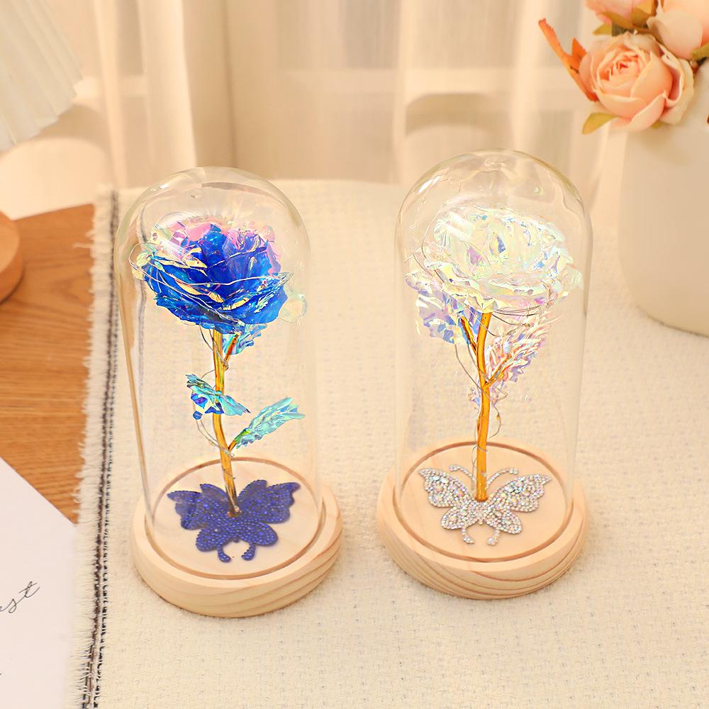 Gold Foil Flower Glass Cover with Lamp, Butterfly Rhinestone Rose Lamp, Mother's Day Valentine's Day Gift.