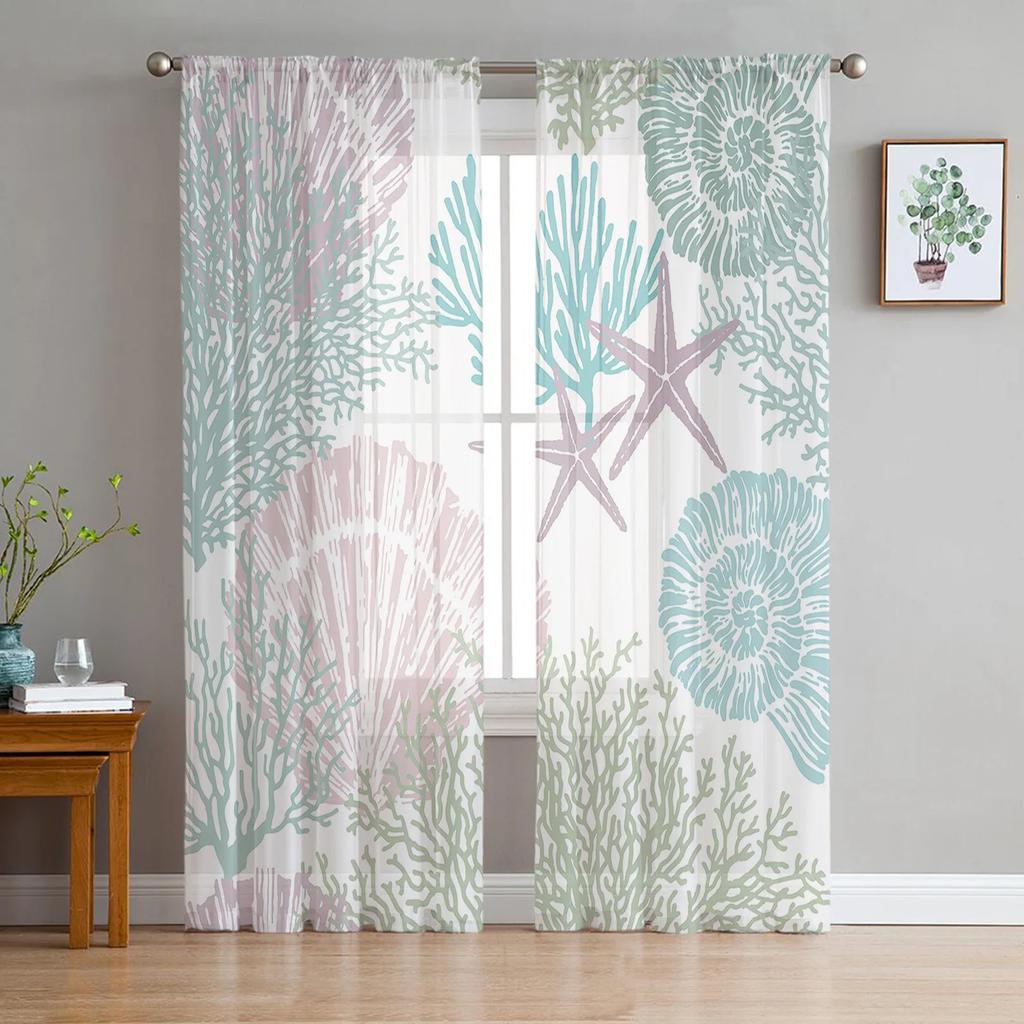 Morska Tekstura Muszle Rozgwiazda Konik Morski Przezroczyste Zasłony do Dekoracji Salonu Zasłona Okienna Kuchnia Tiul Woalowe Draperie