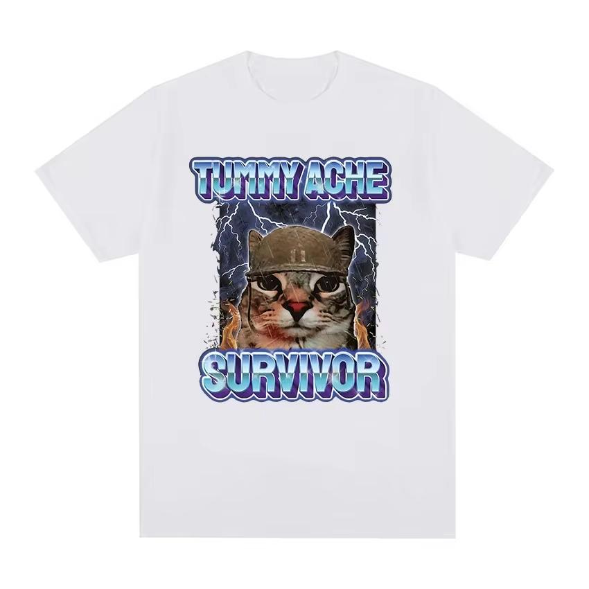 Vintage Tummy Ache Survivor Funny Cat Meme Tee Shirt Men Women Clothing Fashion Short Sleeve T-shirt Casual Pure Cotton T Shirts