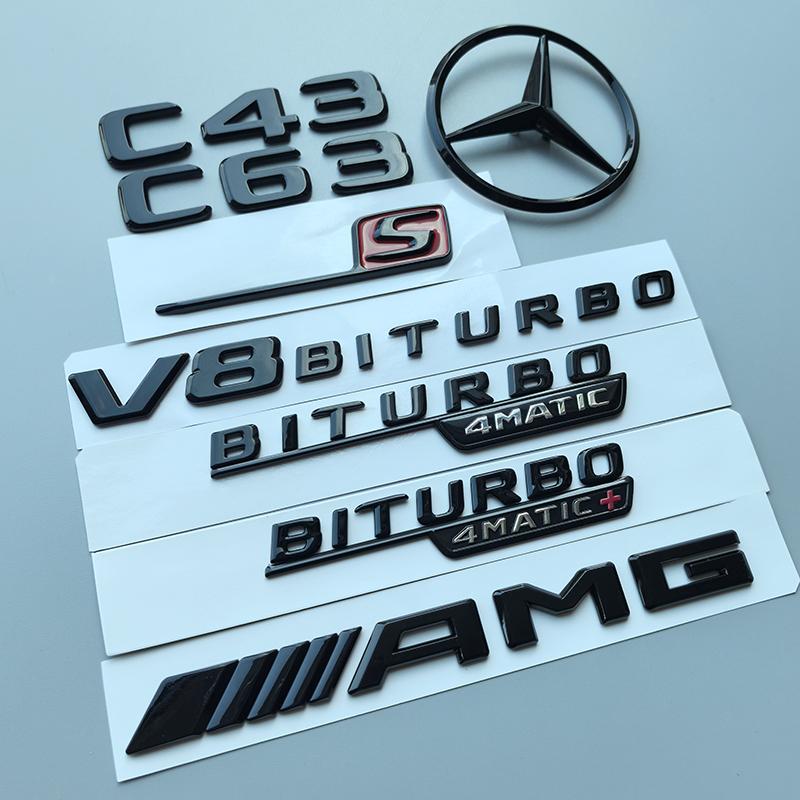 Flat Letters V8 Biturbo 4matic+ Car Emblem for Mercedes Benz AMG C43 C63 C63S W204 W205 C205 S205 W206 Fender Rear Star Sticker STUVW1