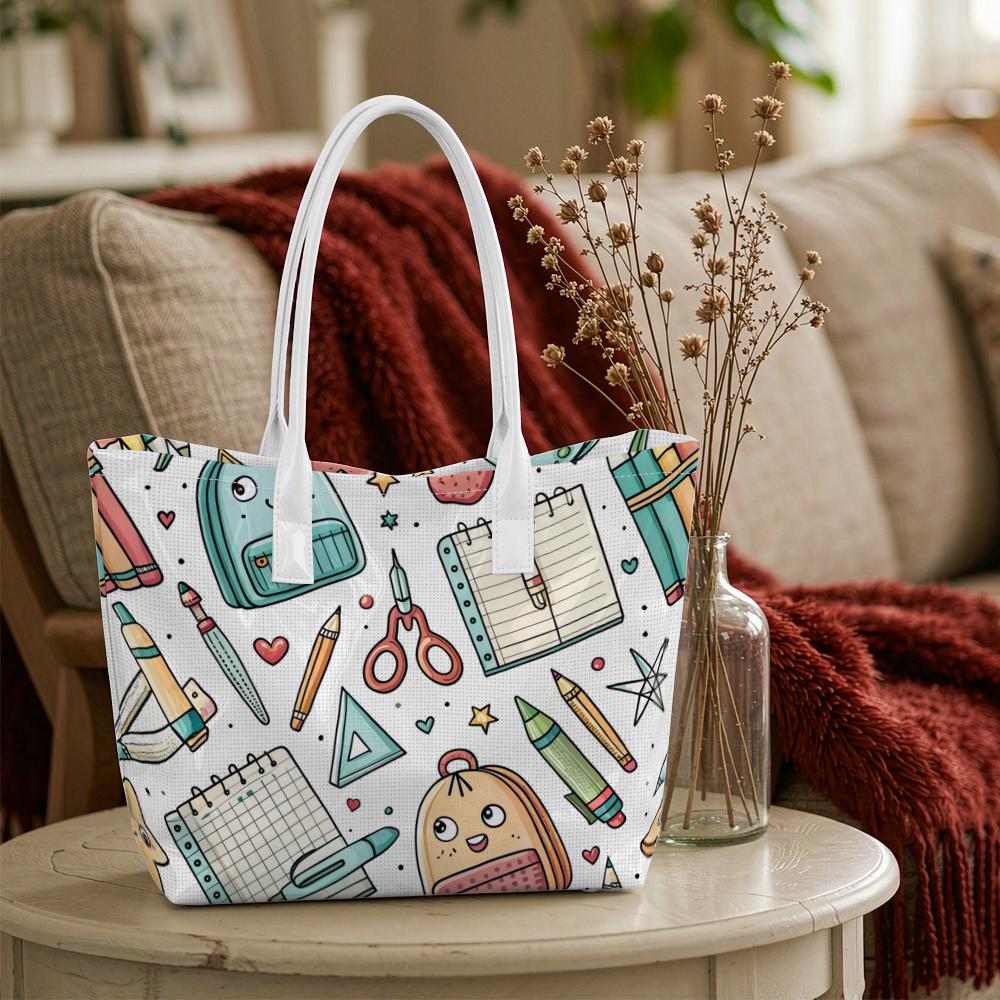 Cute School Stationery Print Tote Bag Portable Large Capacity Handbag For Daily Shopping Travel