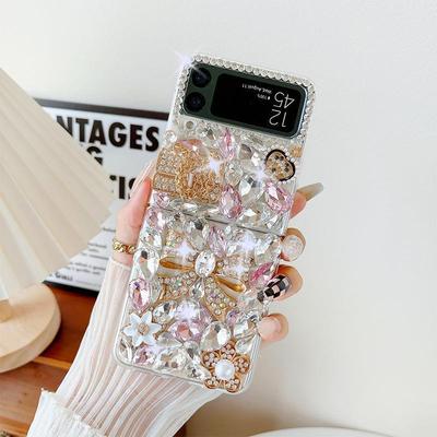 Bling 3D Strass Bowknot Crown Mini Tasche Handyhülle für Samsung Galaxy Z Flip 6 5 4 3 Süße Perlen Kristall Blumen Klare Abdeckung