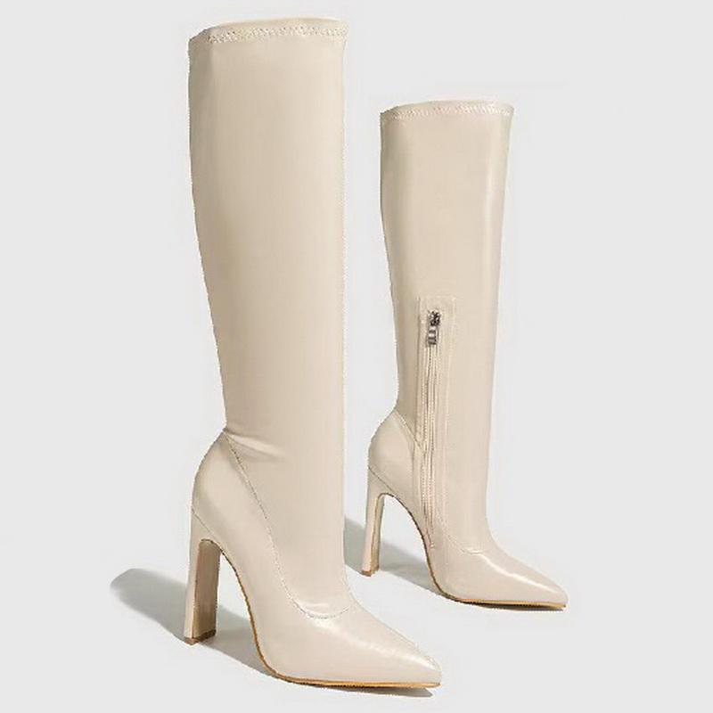 Women Pointed Toe High Heel Long Boots Side Zipper Slim Mid-calf Boots for Office Nightclub Party Banquet Pub Sexy Knight Boots