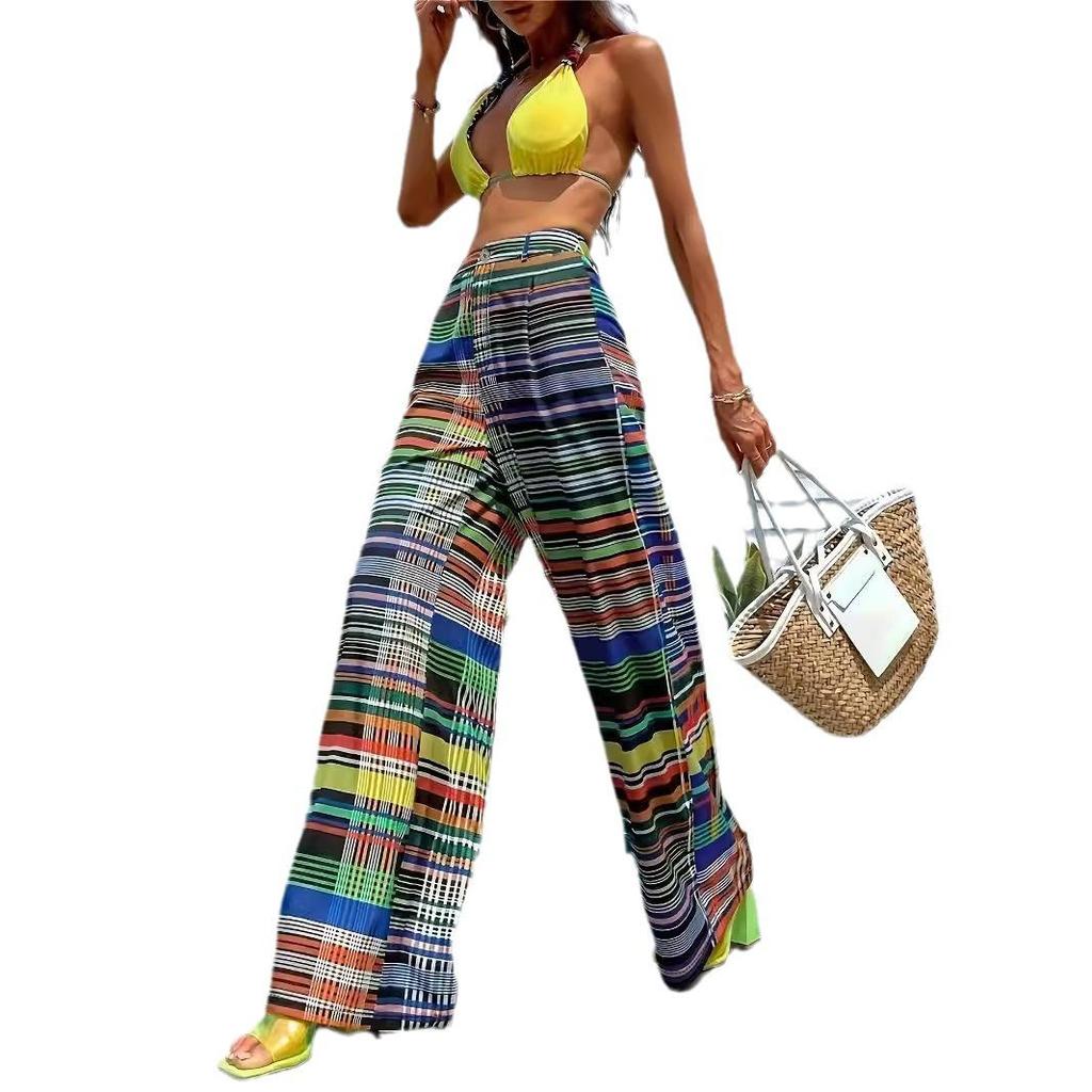 2025 Cross-Border Women's High Waist Color Print Wide-Leg Trousers - Casual, Comfortable, Spring/Autumn Wear