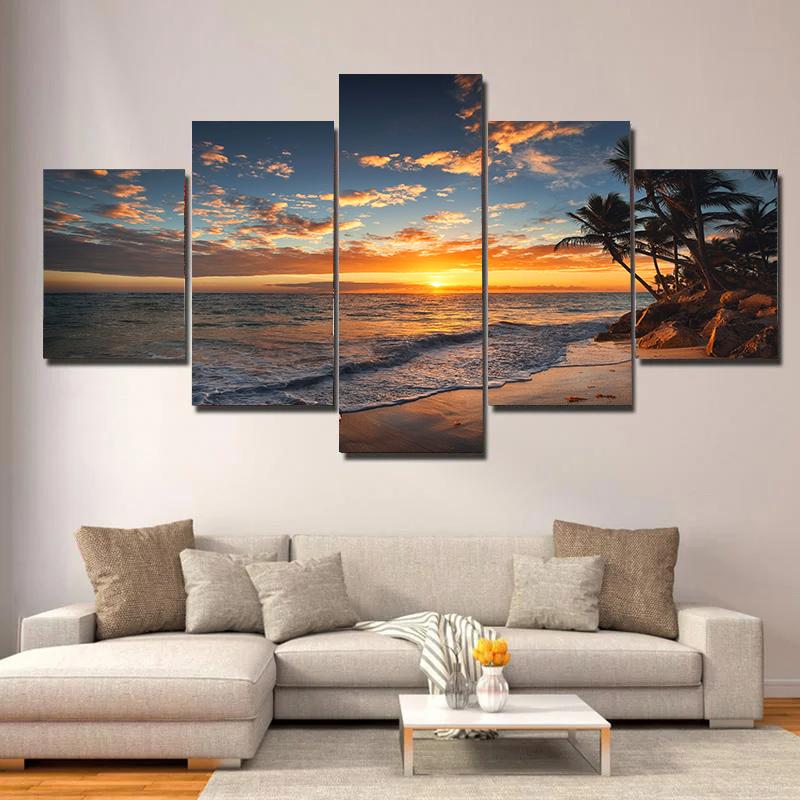 5 pieces Seaside Landscape Canvas Painting, Sunrise, Sunset, Coconut Trees and Ocean Waves, For Home Room Hotel Decor, No Frame