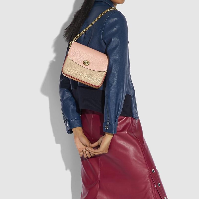 Coach Cassie 19 Color Block C Buckle Flap Leather Messenger Bag Women Bags Cherry-Blossom-Pink Beige 89088-B4SBF