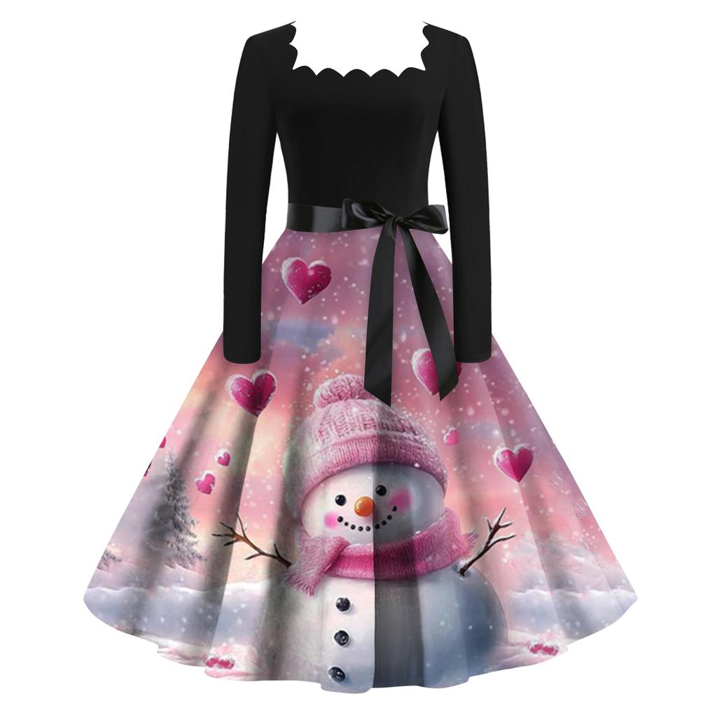 Women's Fashion Retro Long-sleeved Square Collar Christmas Printed Evening Dress