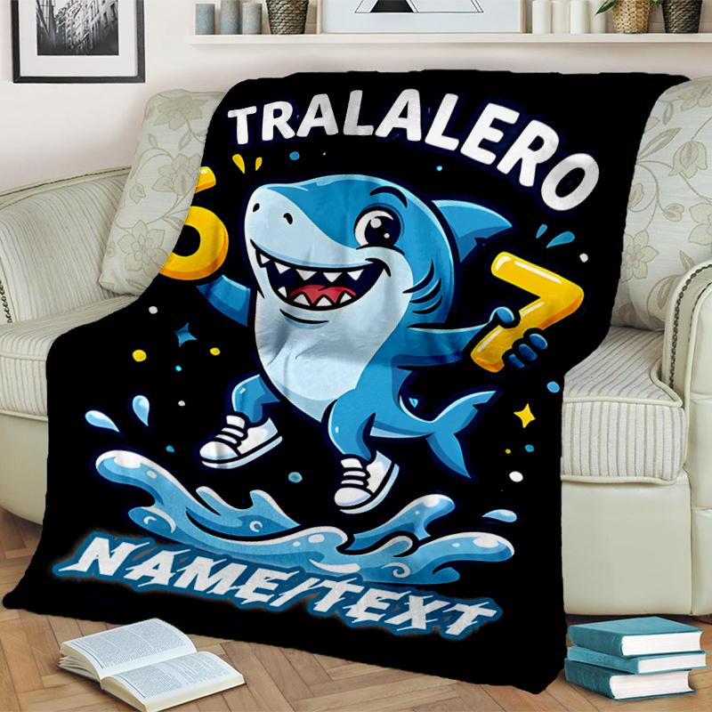 1PC Custom Name "Shark Party Celebration" Flannel Blanket Versatile,all-season Throw Suitable for the Living Room,bedroom,camping,travel,and Gift