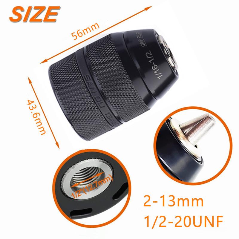 All-Metal 1/2-20UNF Three-Jaw Chuck for Electric Screwdriver, Hammer, and Wrench (2-13mm).