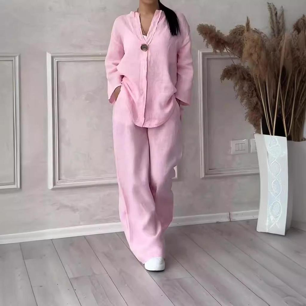 Women's 2-Piece Cotton Linen Set - Loose Fit High Waist Trousers & Shirt, 2024 Summer Collection, Plus Size.