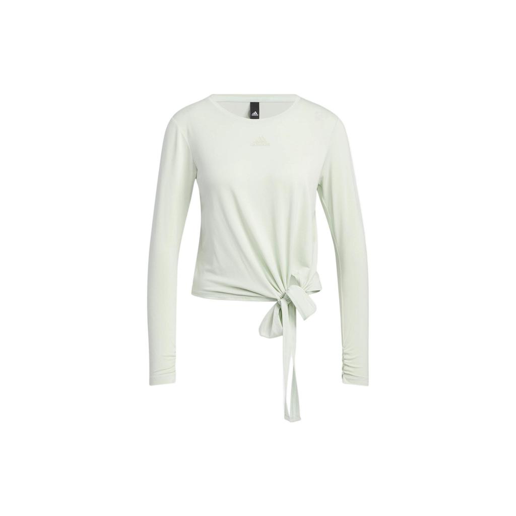 Adidas Solid Short Casual Sport Long Sleeve T-Shirt Women Tops Linen-Green HR8396