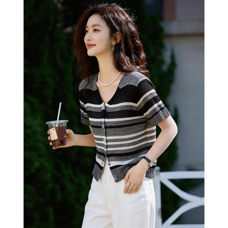 Demana Women s Summer V-Neck Contrast Stripe Knit Cardigan XL