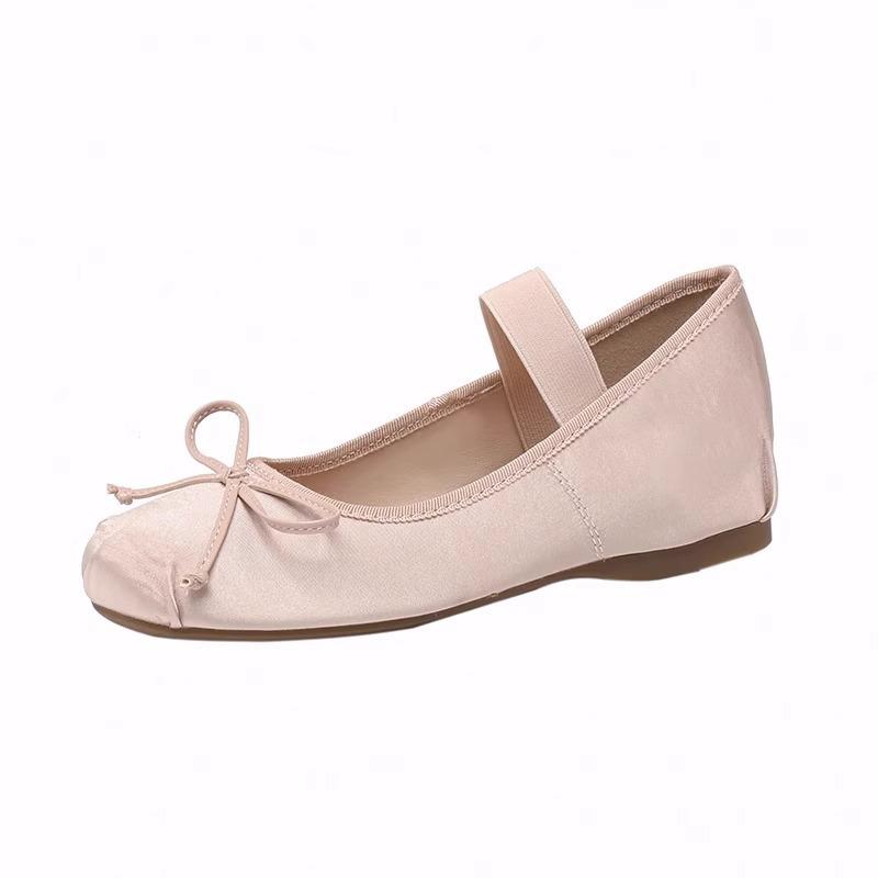 Sheepskin version small man inner height increase 5cm ballet shoes women's spring and autumn rhinestone bow light mouth satin shoes