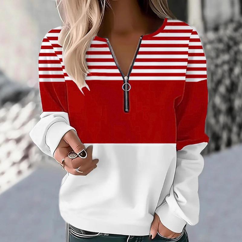 Casual Fashion Pullovers Half Zip Polo Collar Shoulder Length Women's Top 3D Striped Printed Plus Size Women's Clothing