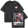 Summer Women Mount Fuji Cherry Blossoms Graphic Print Washed Cotton O Neck Oversized Short Sleeve Streetwear Loose Basic To