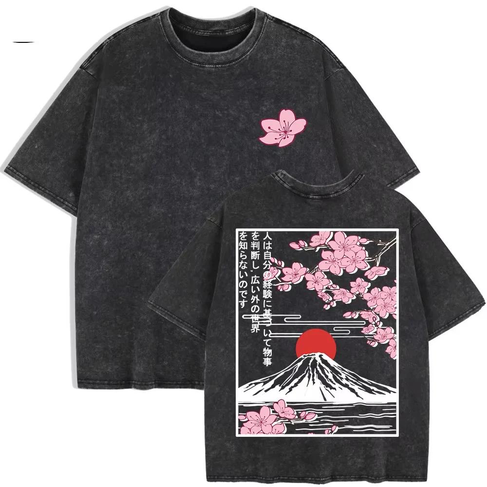 Summer Women Mount Fuji Cherry Blossoms Graphic Print Washed Cotton O Neck Oversized Short Sleeve Streetwear Loose Basic To