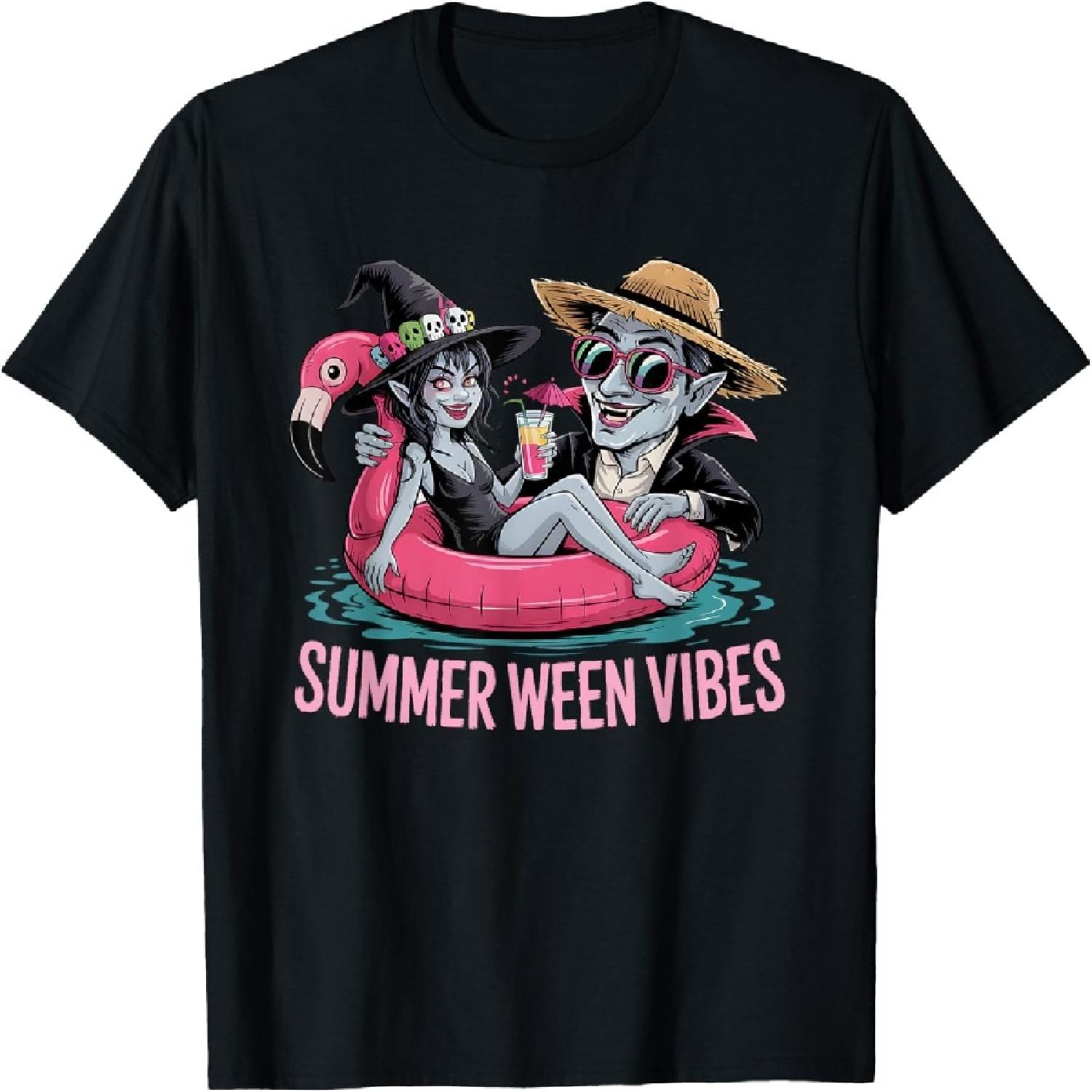 Funny Dracula and Witch Float Halloween Summer Ween Party T-Shirt XXXXXL разноцветный