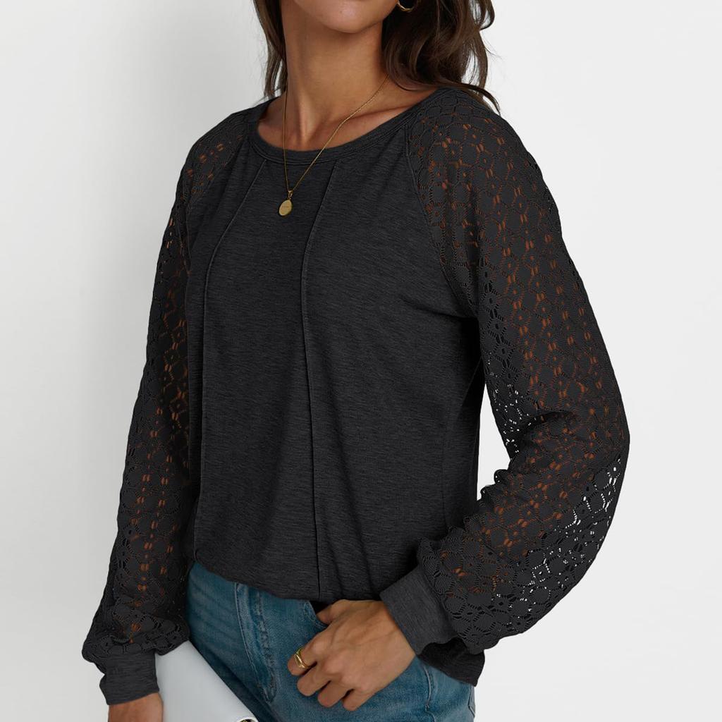 Women's Solid Color Lace Patchwork Round Neck Long Sleeved T-shirt Loose Top