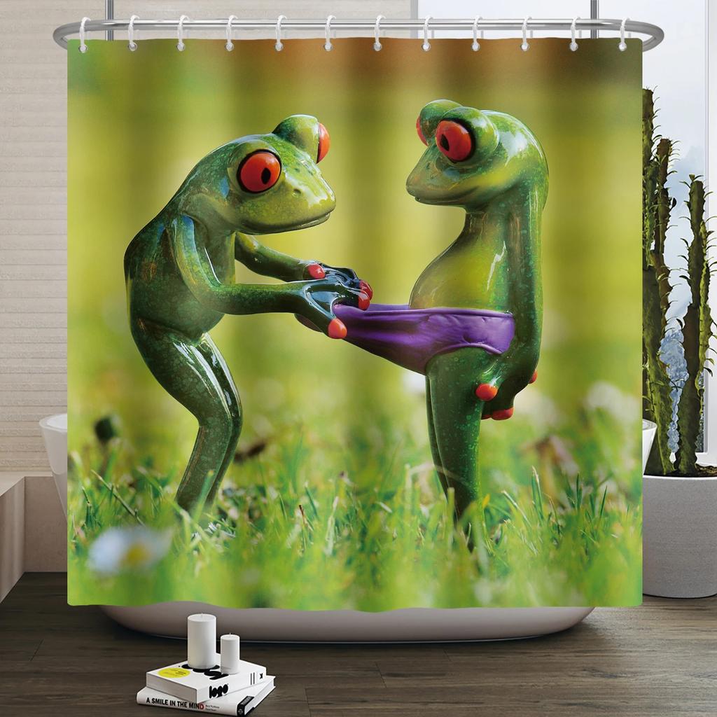 Lustiger Frosch Duschvorhang für Badezimmer Pilz Schmetterling Floral Grüne Pflanze Cartoon Tier Wasserdicht Polyester Duschvorhang
