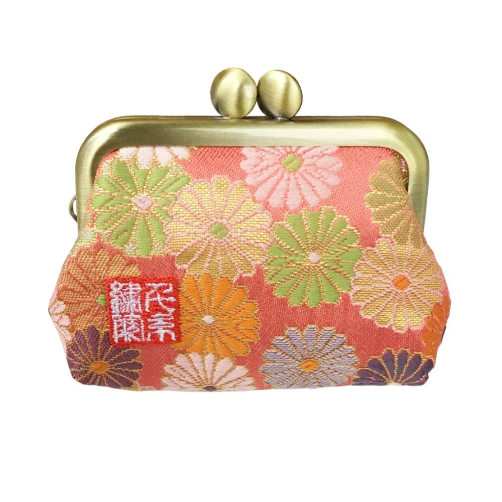 Senshishuin Nishijin Brocade Square Wallet with Gusset and Coin Purse Chrysanthemums in Full 2.5-inch (Lined) (Vermilion Bloom)