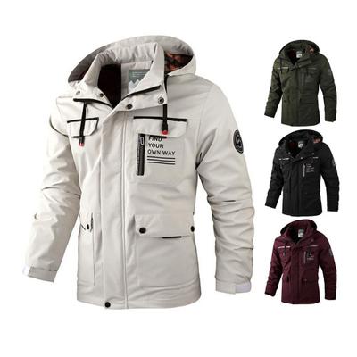 Men Zipper Buttons Placket Casual Windbreaker Jacket Lapel Hooded Long Sleeve Multi Pockets Design Waterproof Outdoor Soft Shell Winter Coat
