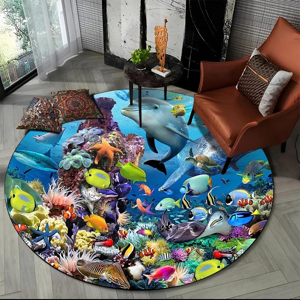 Underwater World Seabed Fish Dolphin Cartoon Round Carpet Rug for Living Room Bedroom Kids Decor,Pet Area Rug Non-slip Floor Mat