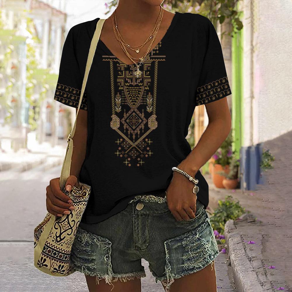 vintage women floral print t shirt short sleeve v neck tops comfortable t-shirts