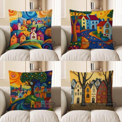 Home Decor Colorful Village Landscape Pattern Pillow Cover Pattern Cushion Cover Suitable For Sofa Bedroom Car Pillow Cover