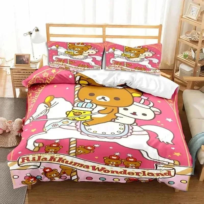 Cartoon Rilakkuma Bear Printed Bed Set Duvet Cover Pillowcase Bedding Set Bed Linen Sheet Quilt Cover Full Queen King Size