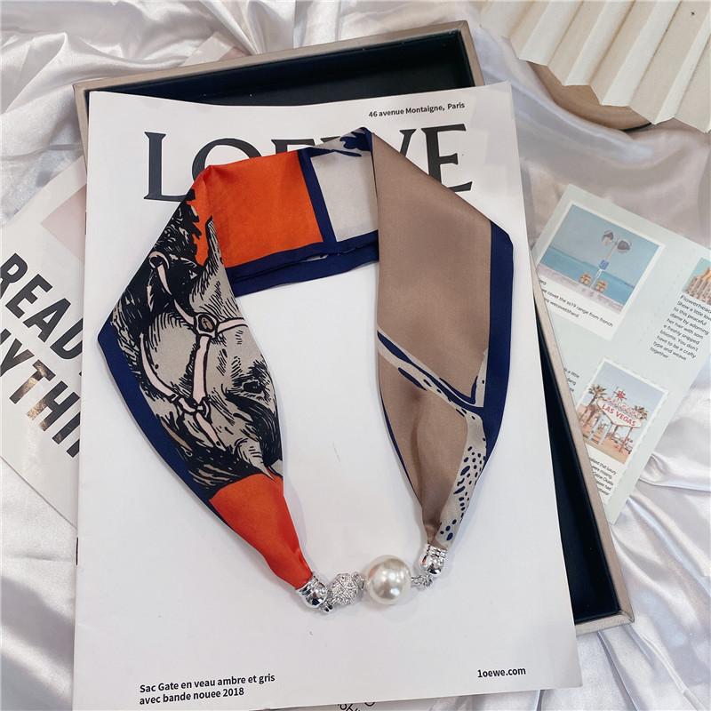 Luxury Design Magnetic Button Summer Silk Scarf Women Magnetic Pearl Necklace Scarves High End Matching Shirt Scarf Lady