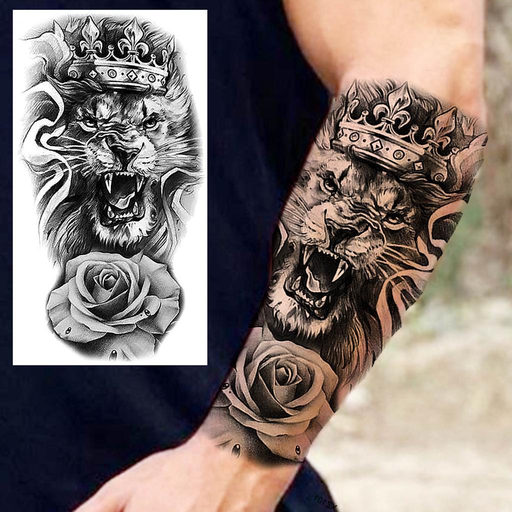 1 Sheet Lion Wolf Skeleton Nun Tiger Black Temporary Tattoos For Men Adult Leg Arm Compass Flower Fake Tattoo Sticker Waterproof
