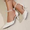 Fashion Women White Glitter Pearls Ankle Strap Pumps 2025 Autumn Brand Design Banquet Party Shoes Woman Elegant Pointed Toe Heeled Shoes