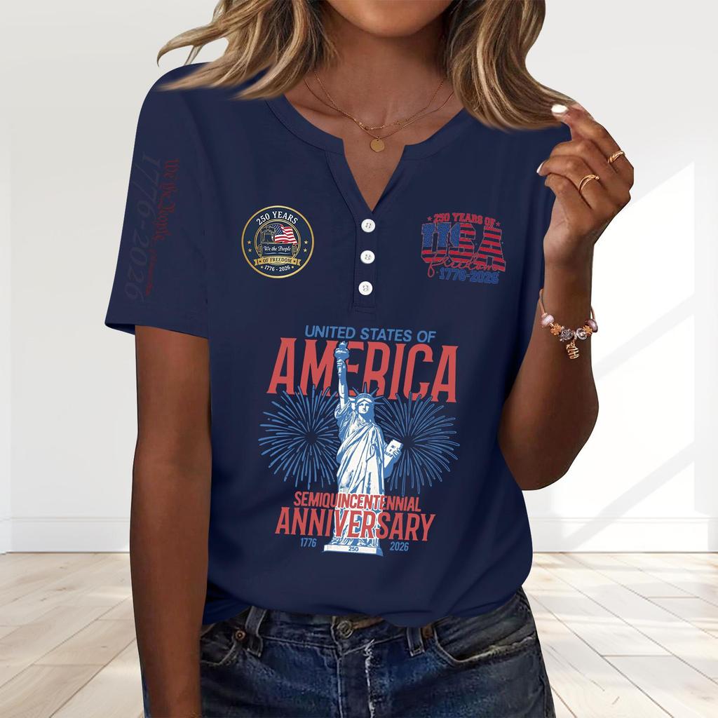 Women's Fashion Casual 250th Anniversary Independence Day Print V-Neck Short Sleeve Decorated Button-Up T-Shirt