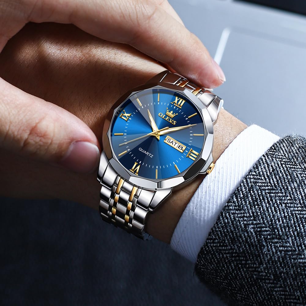 OLEVS Men's Watch Stainless Steel Band Date Display Chronograph 40mm Business Formal Waterproof 10 ATM Gold blue white