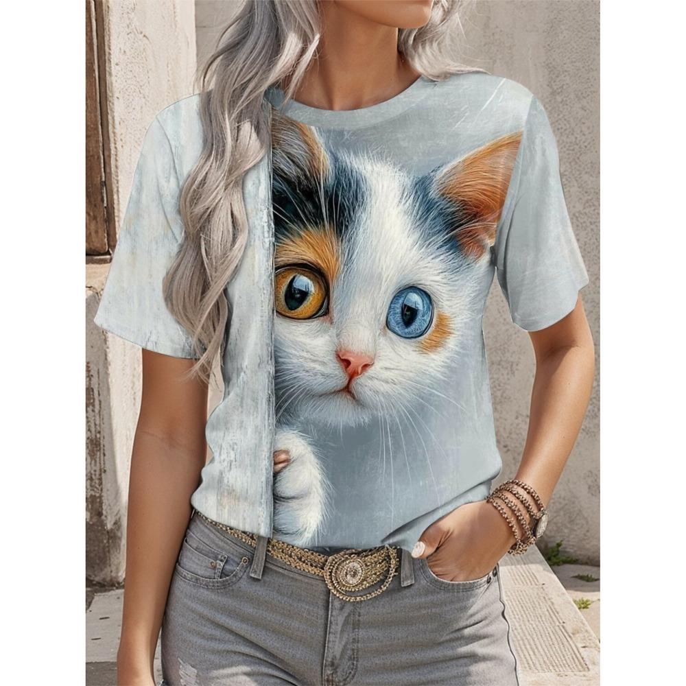Women  Cat Graphic Animal Stylish Classic Casual Short Sleeve Crew Neck Regular Tops Daily Weekend Print